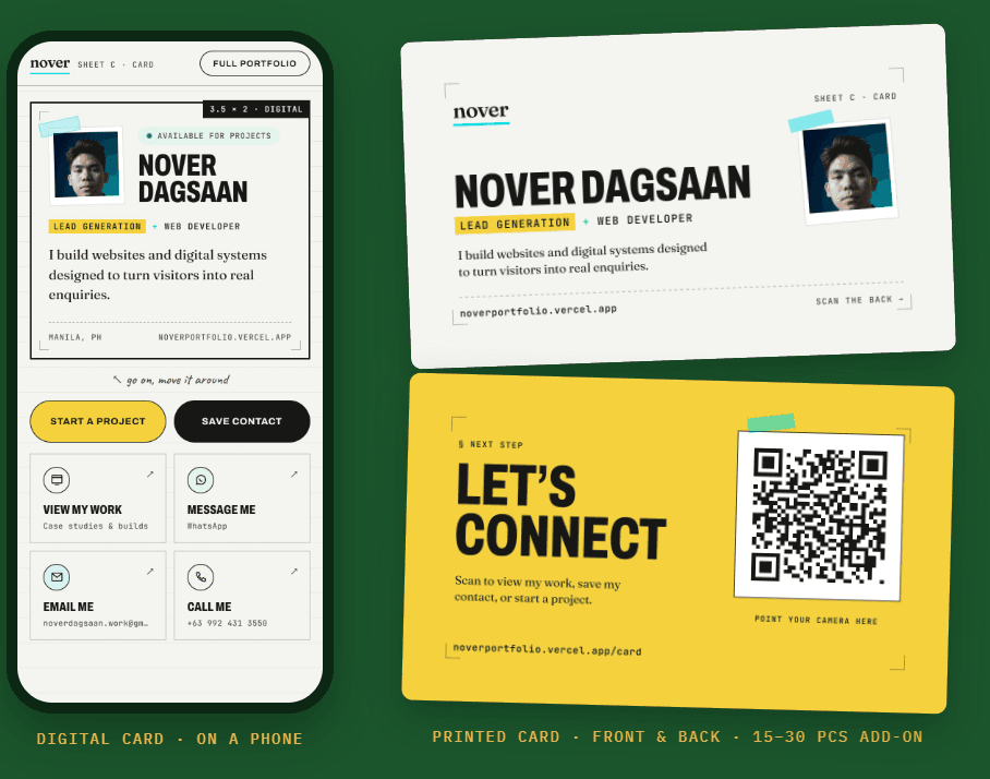 Sample 01: the digital calling card on a phone next to the printed card's front and back.