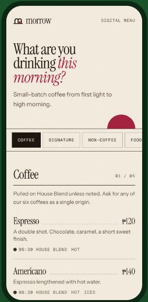 Sample digital café menu on a phone, showing coffee categories and items